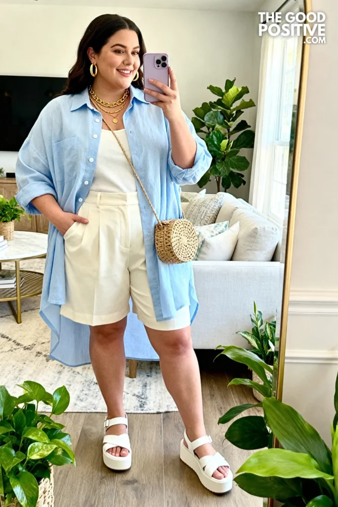 Plus Size Pastel Midi Shirt With Tailored Bermuda Shorts Easter Outfit