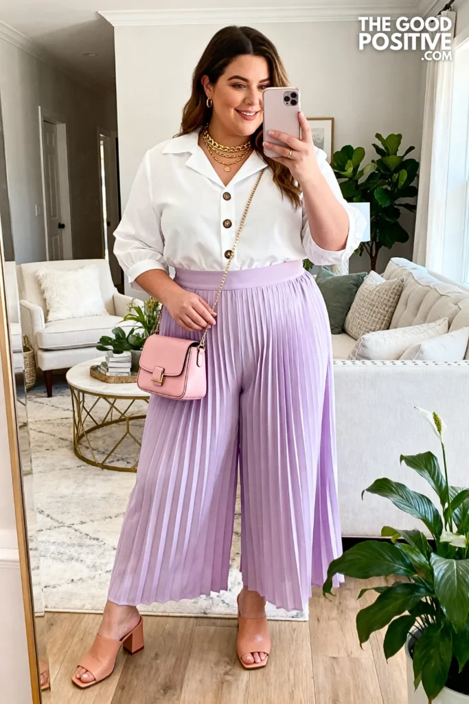 Plus Size Pastel Pleated Culottes With Structured Peplum-Free Blouse Easter Outfit