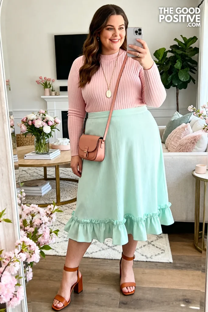 Plus Size Pastel Ruffle-Hem Skirt With Fitted Knit Top Easter Outfit