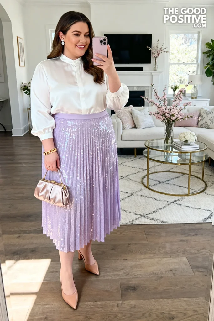 Plus Size Pastel Sequin Skirt With Simple Fitted Blouse Easter Outfit