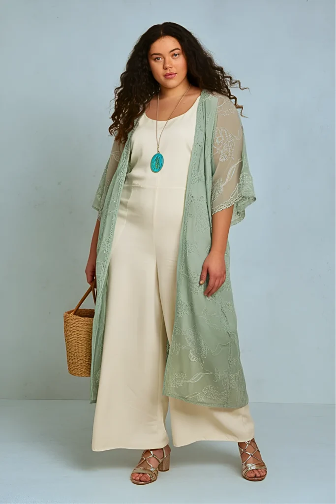 Plus Size Sage Green Embroidered Kimono with White Wide-Leg Jumpsuit Easter Outfit