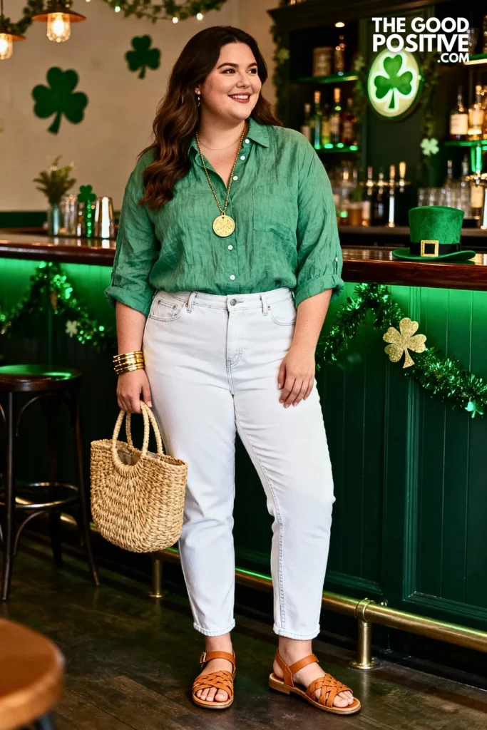 Plus Size Sage Green Linen Shirt With White Denim Outfit