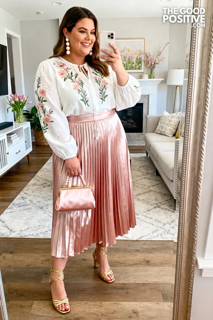 Plus Size Satin Midi Skirt With Embroidered Blouse Easter Outfit