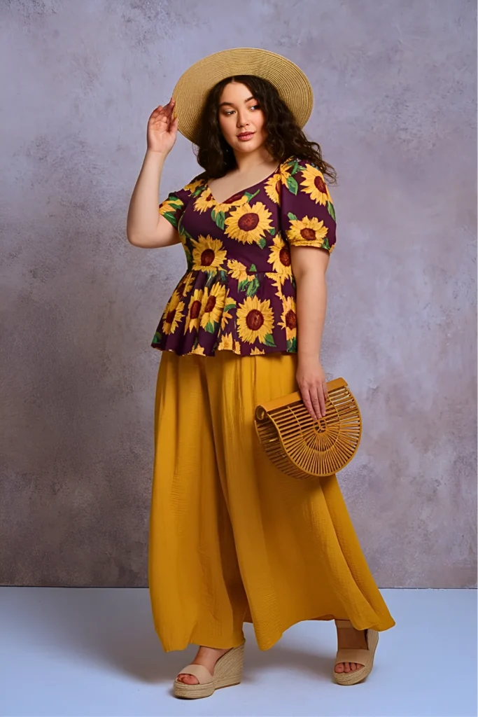 Plus Size Sunflower Print Peplum Top with Yellow Wide-Leg Pants Easter Outfit