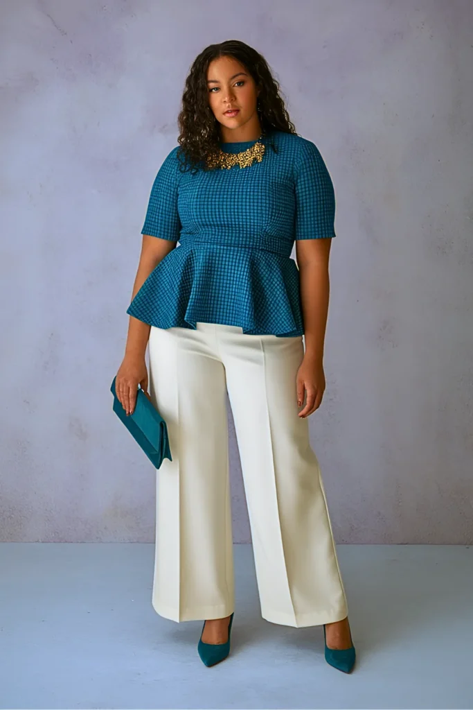 Plus Size Teal Gingham Peplum Top with Wide-Leg Pants Easter Outfit