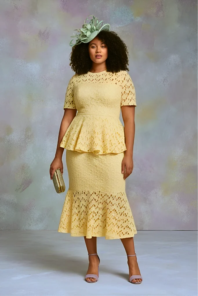 Plus Size Yellow Eyelet Lace Peplum Dress with Accessories Easter Outfit