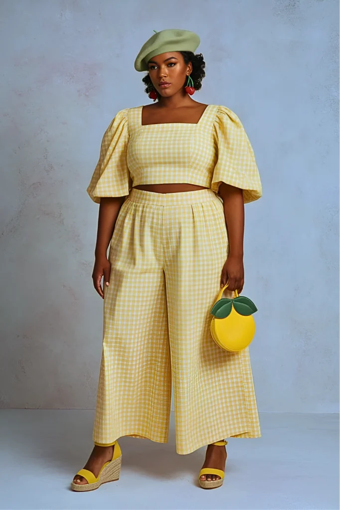 Plus Size Yellow Gingham Jumpsuit & Yellow Accessories Easter Outfit