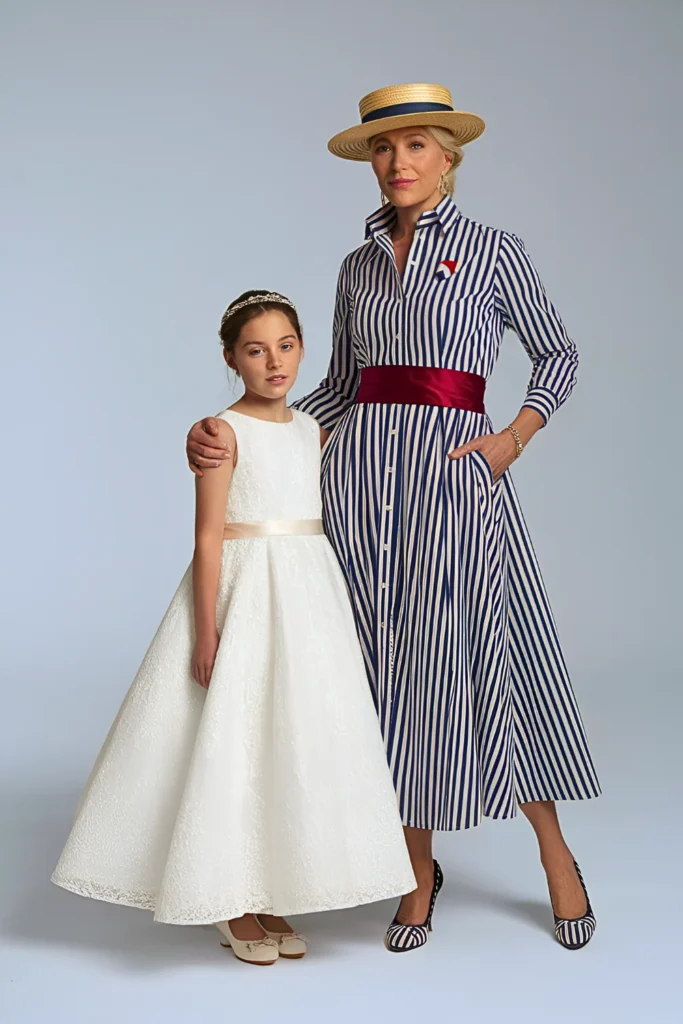 Preppy Navy and White Striped Shirt Dress with Red Sash Mother of the Bride Dress