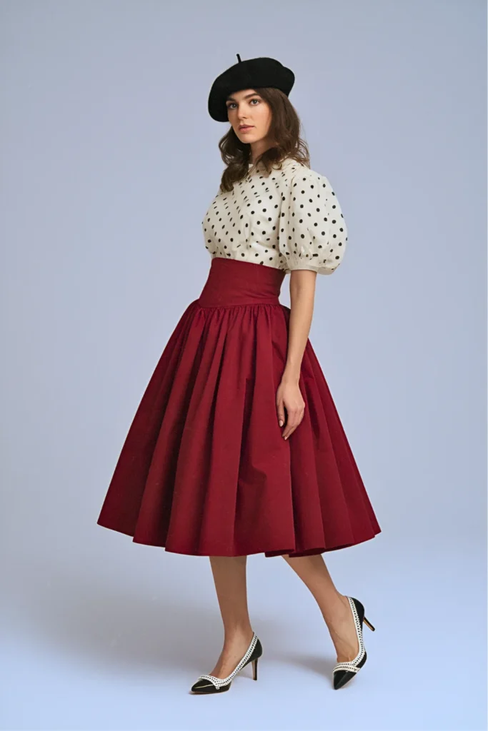 Puff Sleeve Polka Dot Blouse and Red Skirt Spring Outfit