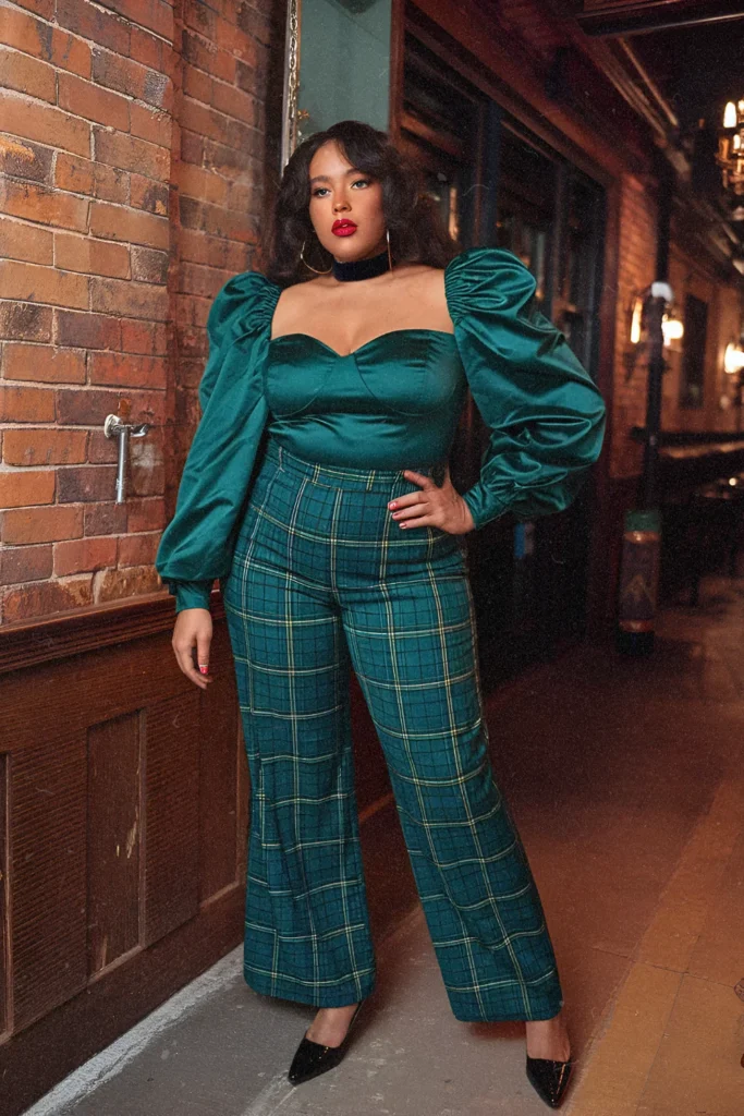 Puff Sleeve Satin Top with High-Waisted Green Tartan Trousers