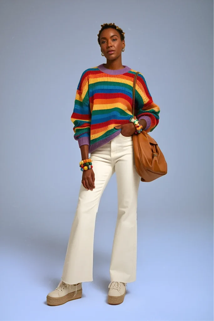 Rainbow Stripe Sweater and White Kick Flare Jeans Spring Outfit