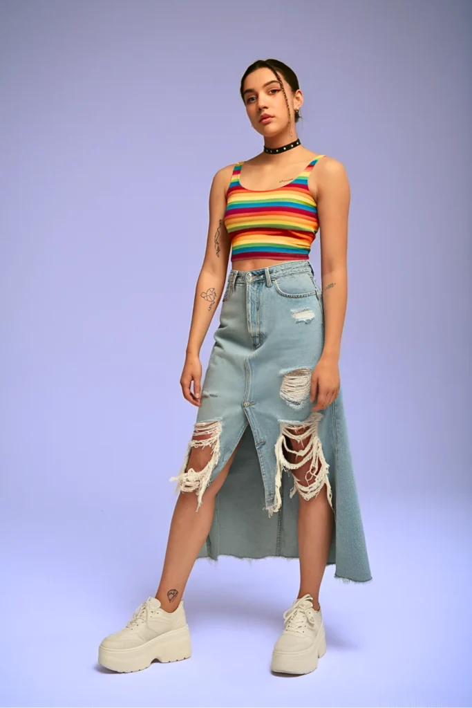 Rainbow Striped Crop Top and Denim Overall Dress Playful Spring Outfit