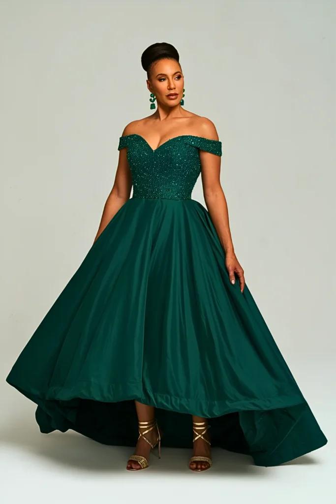 Regal Emerald Green Off-the-Shoulder Ballgown with Beaded Bodice