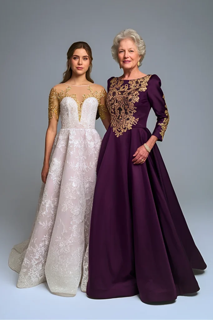 Regal Purple Satin A-Line Gown with Embroidered Bodice and Elbow Sleeves