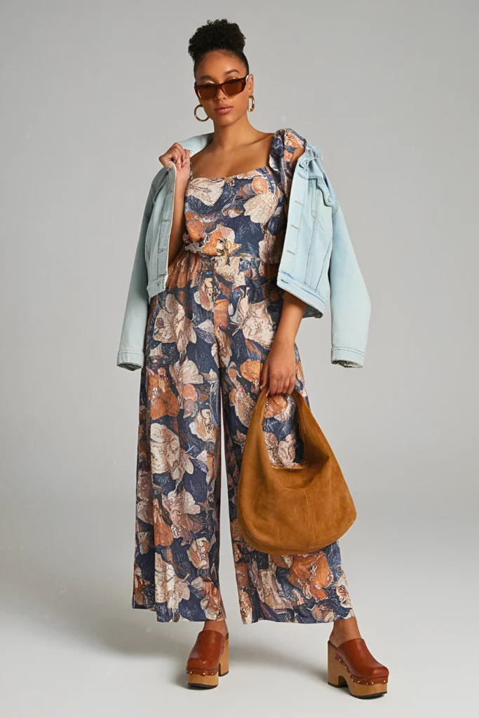 Retro 70s Chic Floral Wide-Leg Jumpsuit and Denim Jacket Spring Look