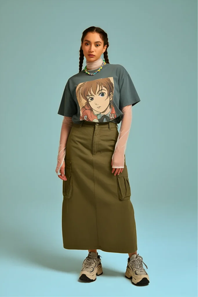 Retro Anime Graphic Tee and Cargo Skirt Spring Look