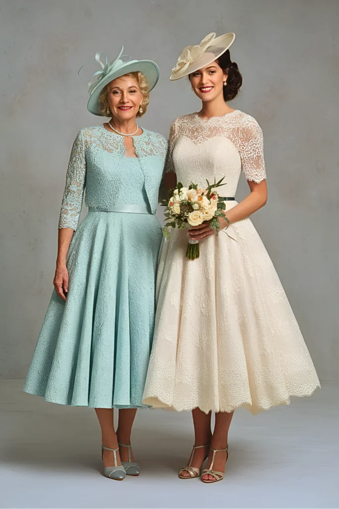 Retro Inspired Powder Blue Lace Tea Length Mother of the Bride Dress with Bolero