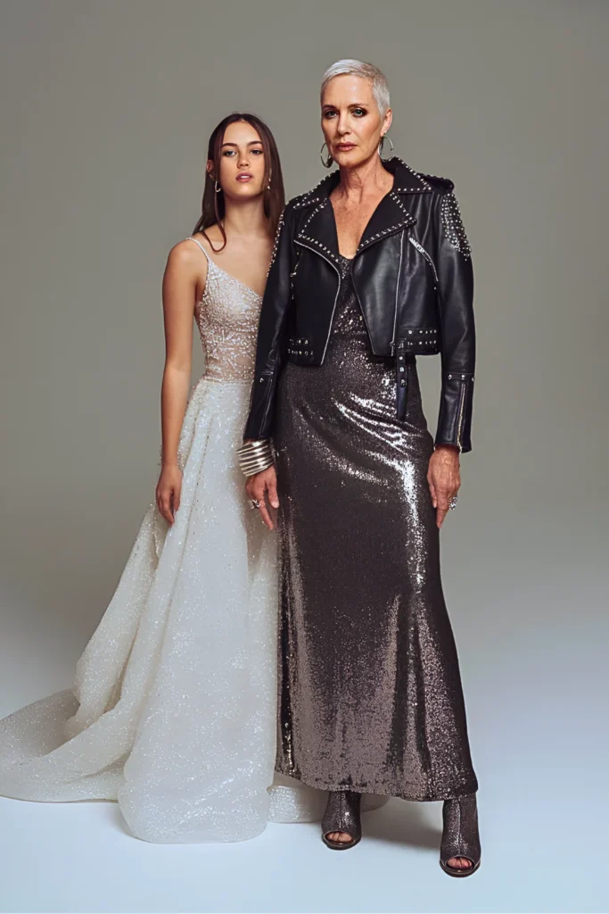 Rocker Glam Studded Leather Jacket and Sequin Gown Mother of the Bride Outfit