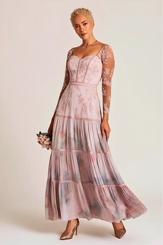 Romantic Dusty Rose Lace and Chiffon Tiered Maxi Mother of the Bride Dress