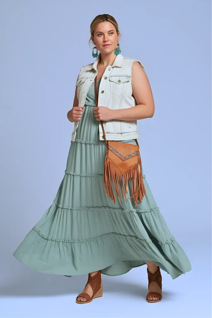 Ruffled Maxi Dress and Denim Vest Spring Outfit