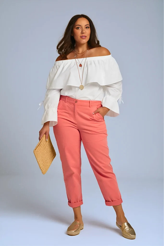 Ruffled Off-the-Shoulder Top and Coral Chinos Spring Outfit