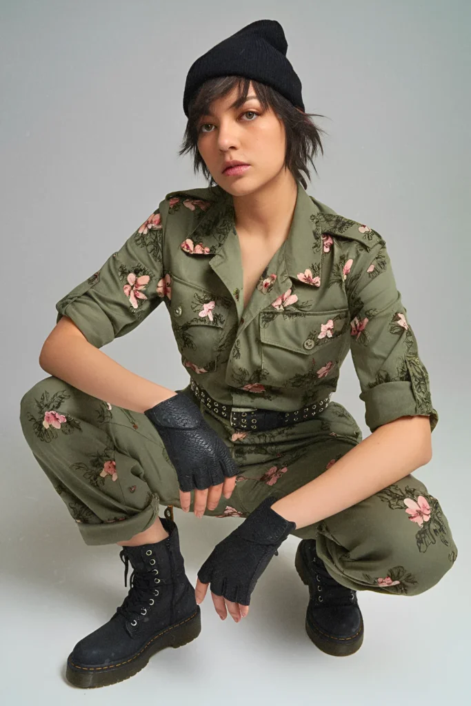 Rugged Tomboy Floral Utility Jumpsuit and Combat Boots Spring Look