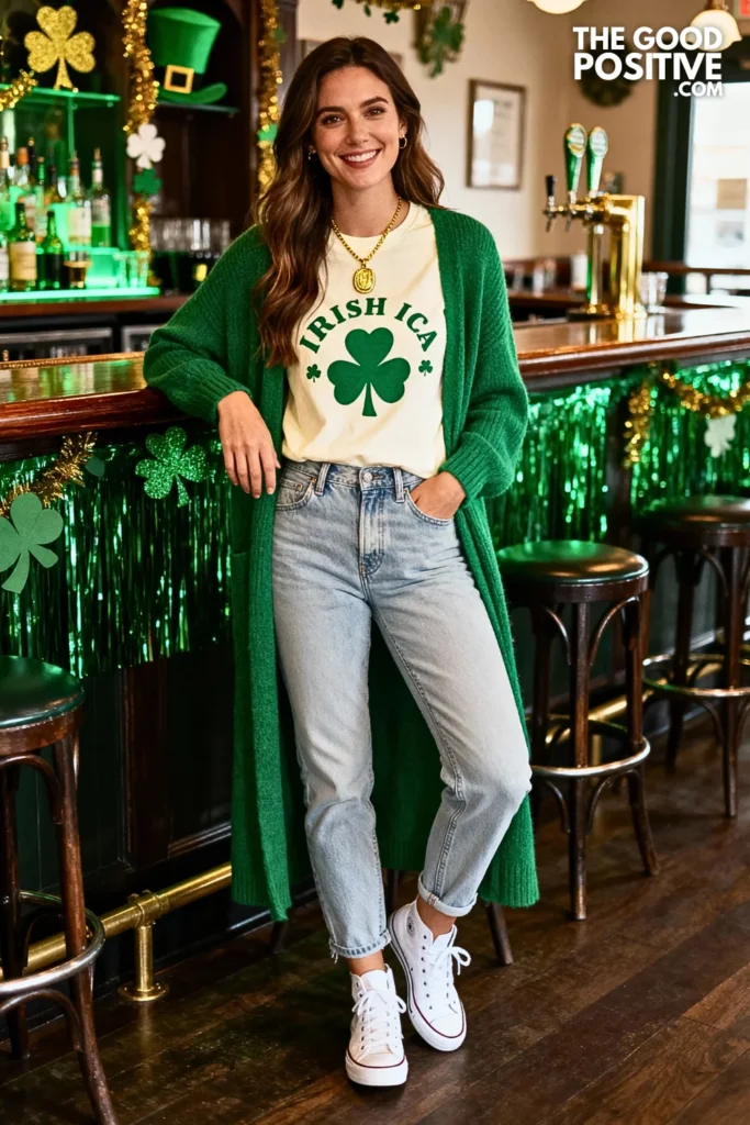 Sage Green Cardigan With Graphic Tee