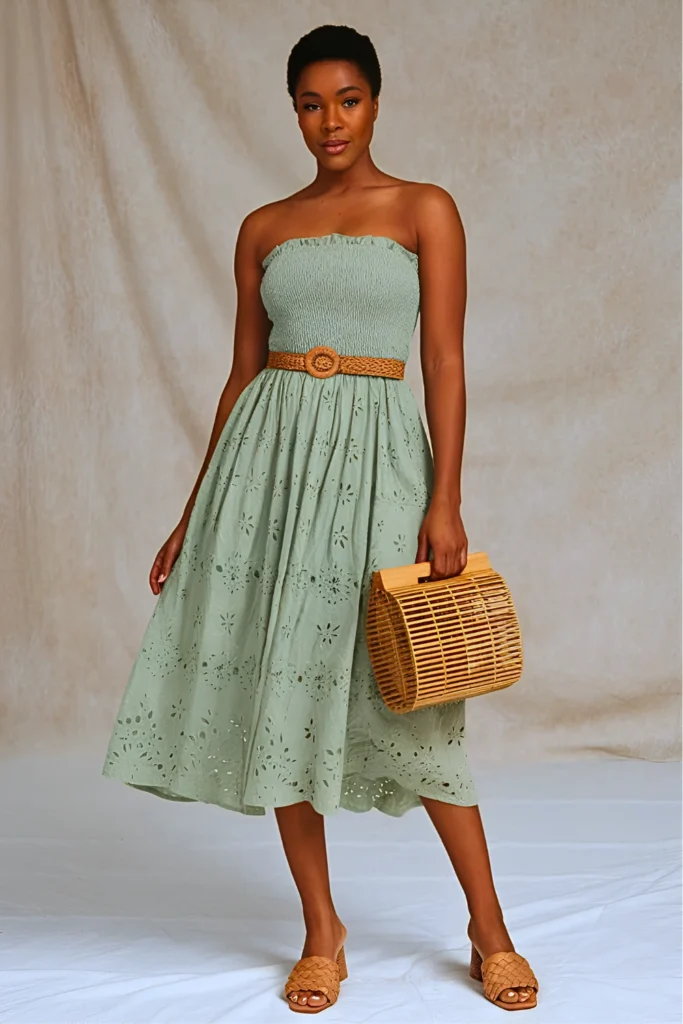 Sage Green Strapless Smocked Eyelet Midi Dress Easter Outfit