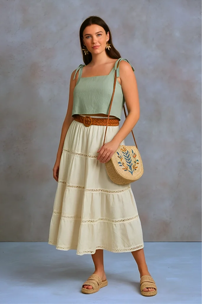 Sage Green Tie-Shoulder Linen Crop Top with Ivory Lace Trim Midi Skirt Easter Outfit