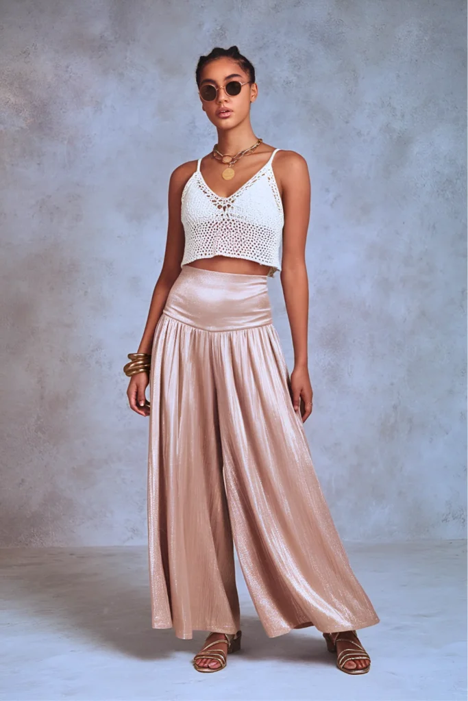 Santorini Sunset Crochet Crop Top and Wide-Leg Pants Spring Look