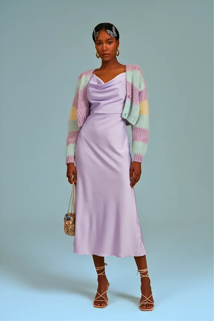 Satin Slip Dress and Fuzzy Cropped Cardigan Date Night Spring Ensemble