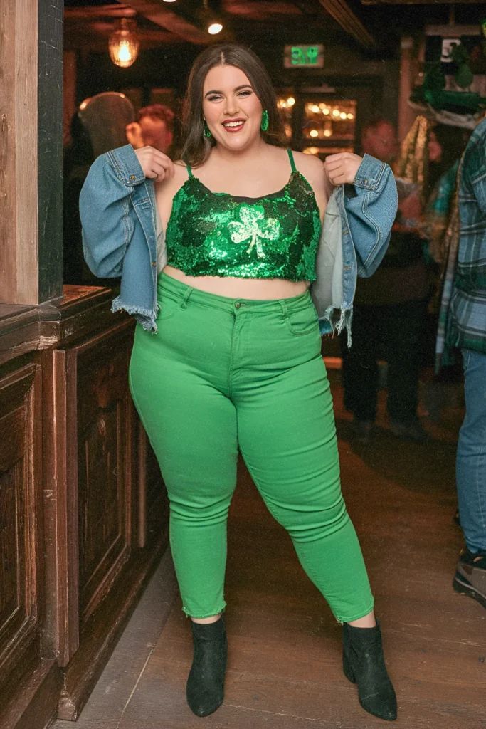 Sequin Clover Crop Top with High-Waisted Kelly Green Jeans