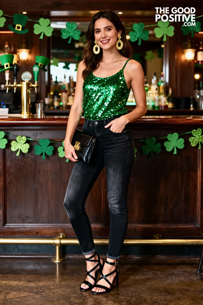 Sequin Green Tank With Dark Jeans