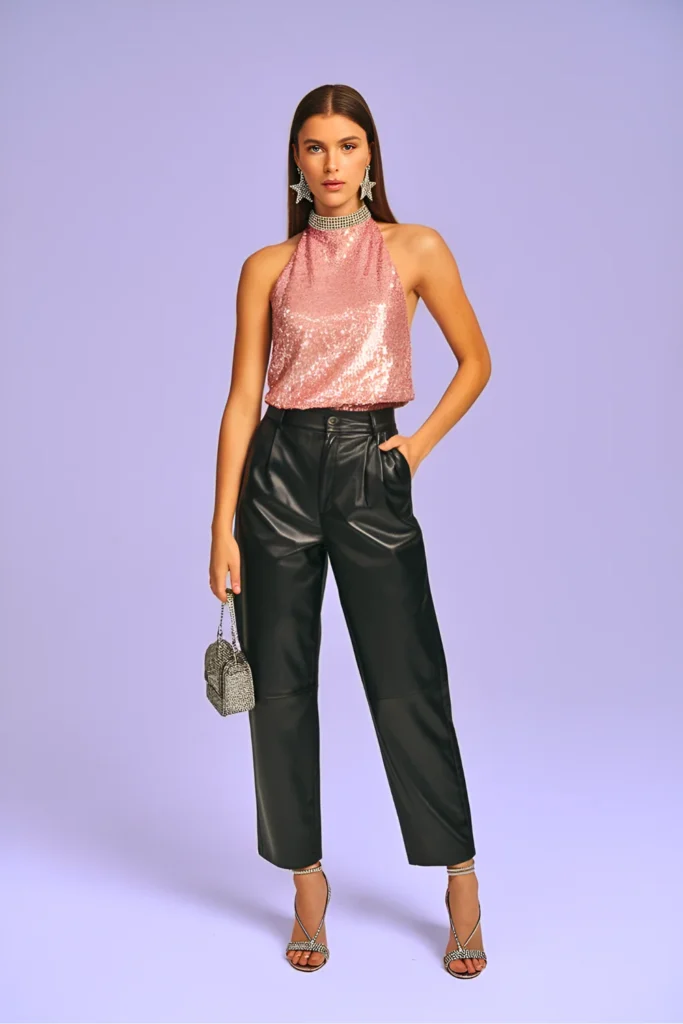 Sequin Halter Top and Low-Rise Leather Pants Going Out Spring Outfit