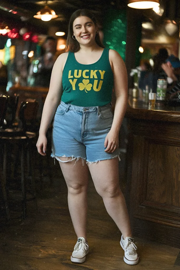 Sequin Shamrock Tank with High-Waisted Denim Shorts