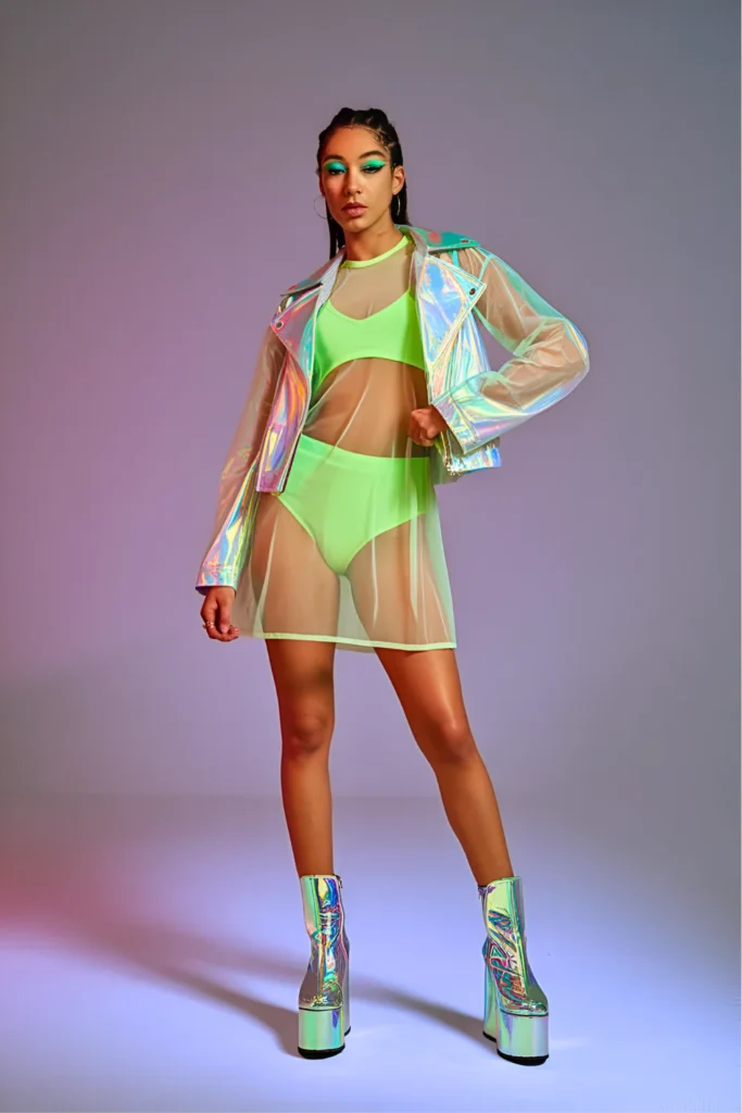 Sheer Mesh Dress and Holographic Moto Jacket Club Spring Look