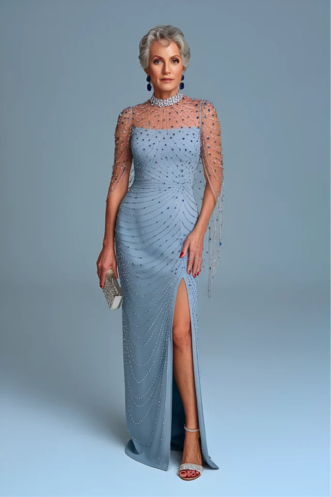 Slate Blue Crystal Mesh Mother of the Bride Dress