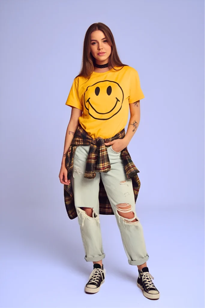 Smiley Face Graphic Tee and Ripped Boyfriend Jeans Grunge Spring Look