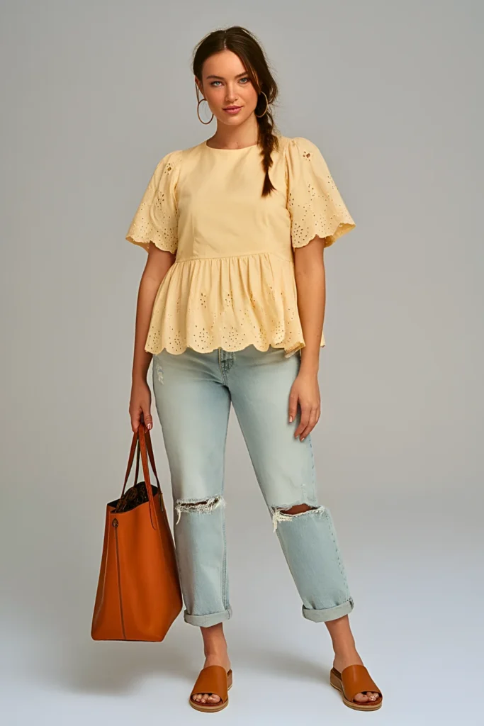 Soft Yellow Embroidered Eyelet Peplum Top with Light Wash Distressed Straight Leg Jeans Easter Outfit