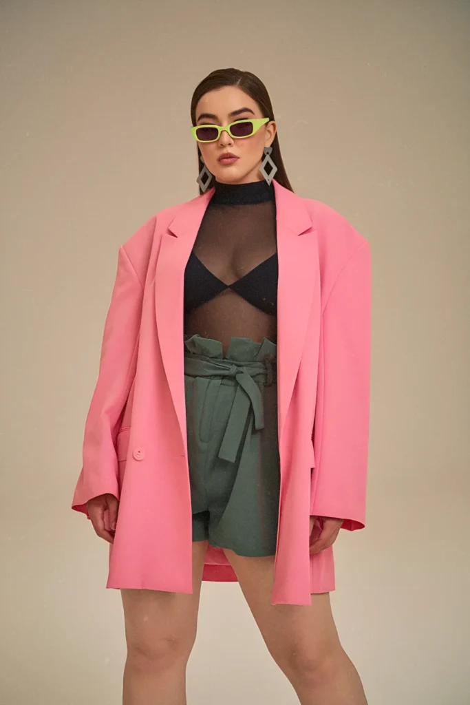 Soho Fashionista Bold Neon Blazer and Paperbag-Waist Shorts Spring Outfit