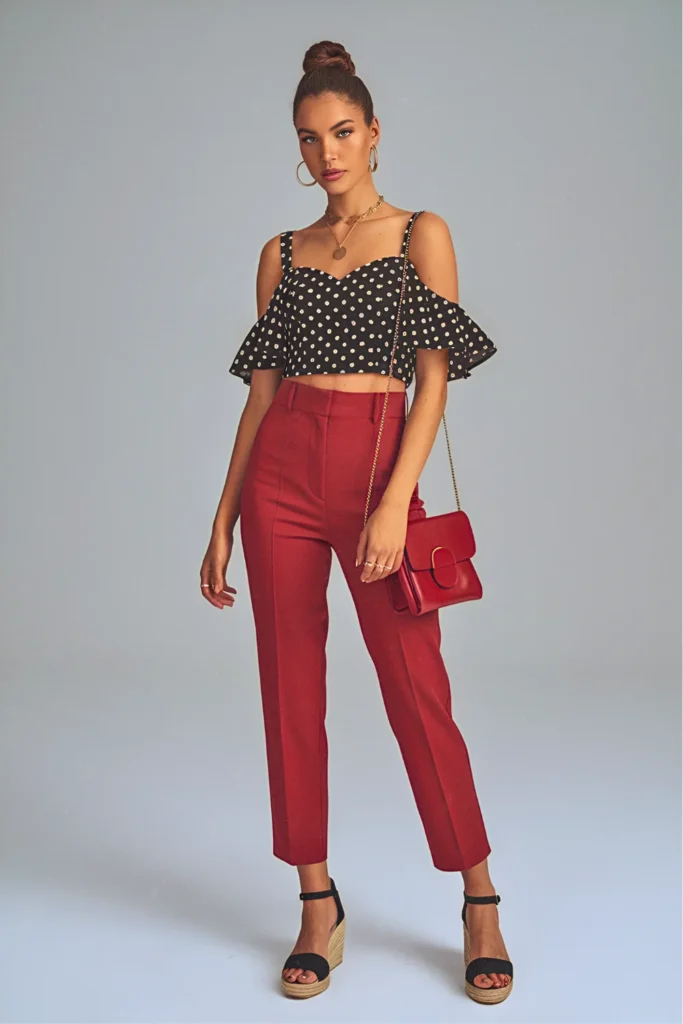 Spain Barcelona Ruffled Polka Dot Crop Top Spring Outfit