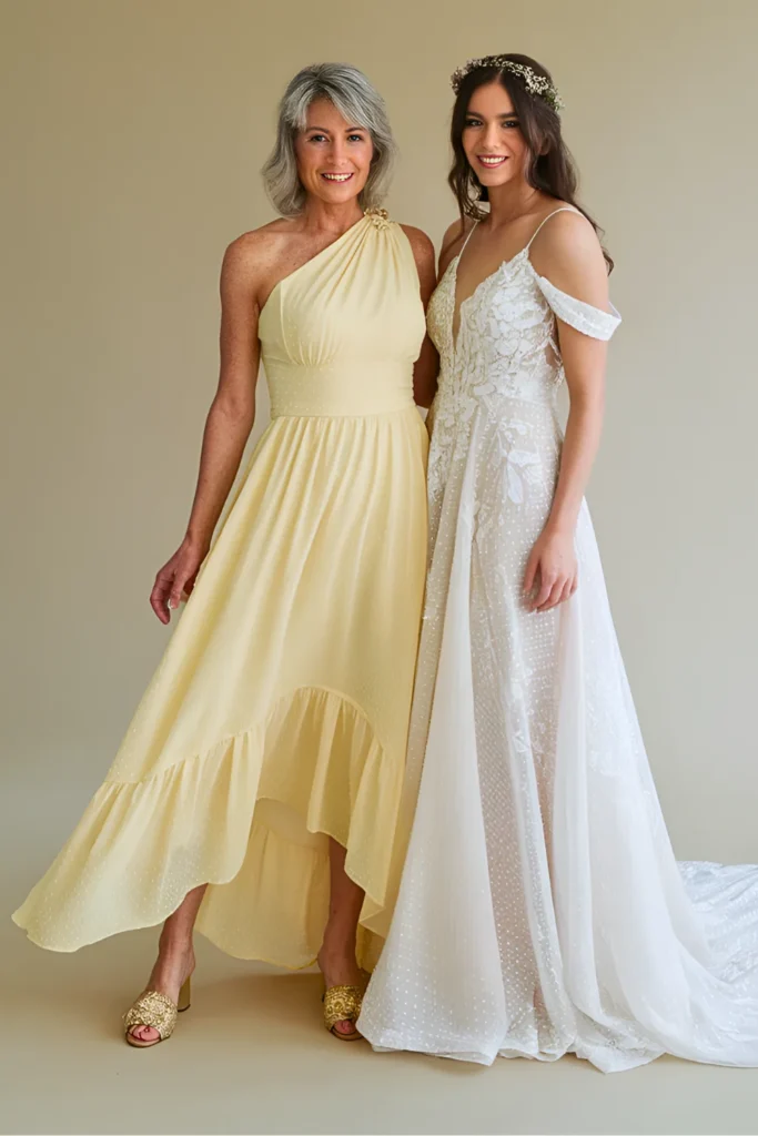 Spring Goddess Pale Yellow Chiffon One-Shoulder Maxi Mother of the Bride Dress