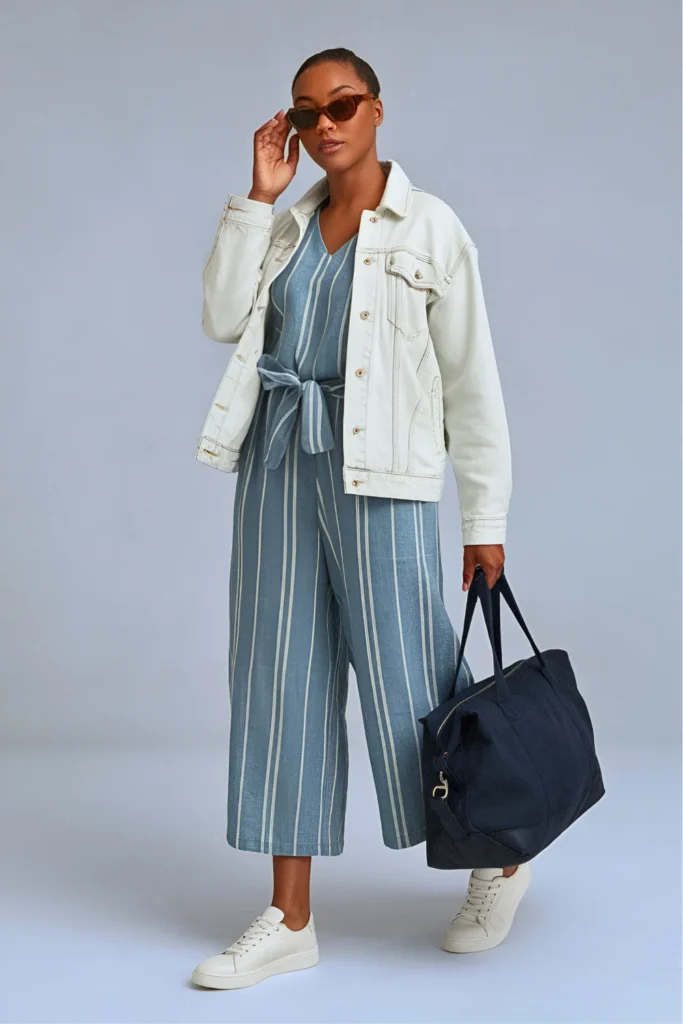 Striped Linen Jumpsuit with Denim Jacket Spring Outfit