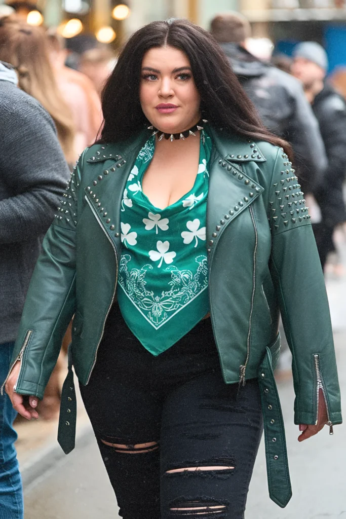 Studded Faux Leather Moto Jacket with Shamrock Bandana Halter