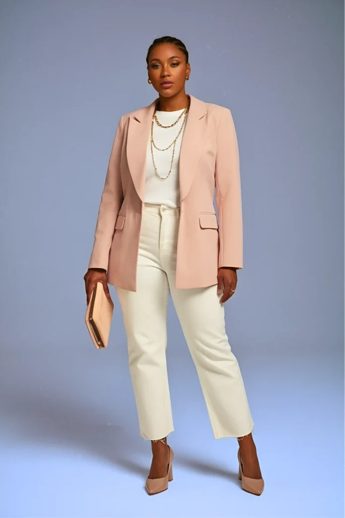 Tailored Pastel Blazer and White Denim Spring Outfit