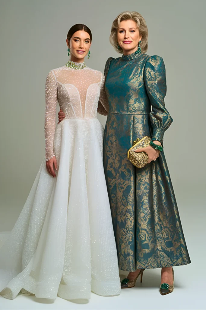 Teal Baroque Brocade Mother of the Bride Dress