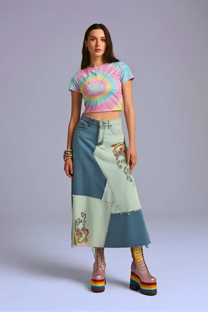 Tie-Dye Baby Tee and Patchwork Denim Maxi Skirt Festival Spring Outfit