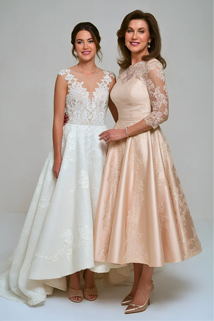 Timeless Champagne Lace and Satin Tea Length Mother of the Bride Dress