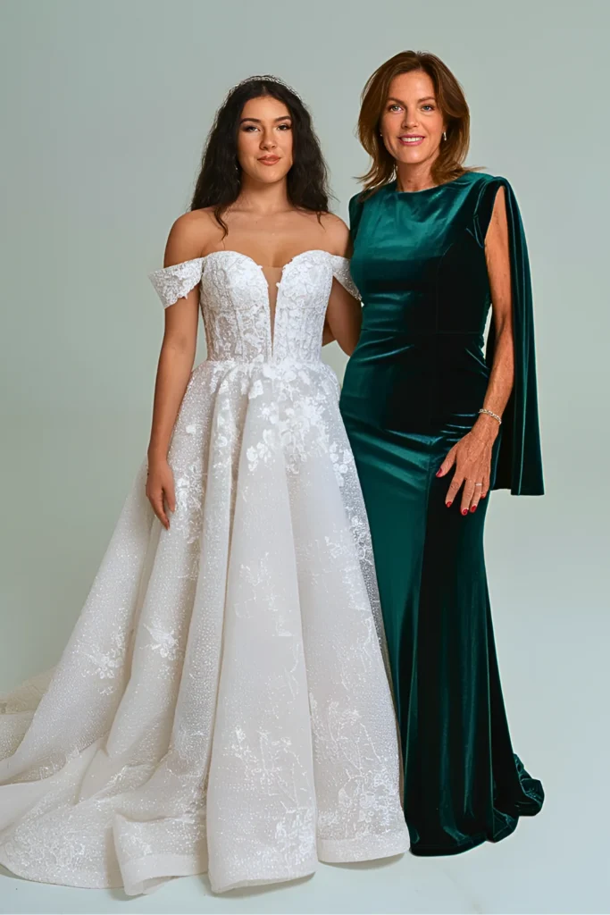 Trendy Emerald Green Velvet Burnout Maxi Mother of the Bride Dress with Cape Sleeves