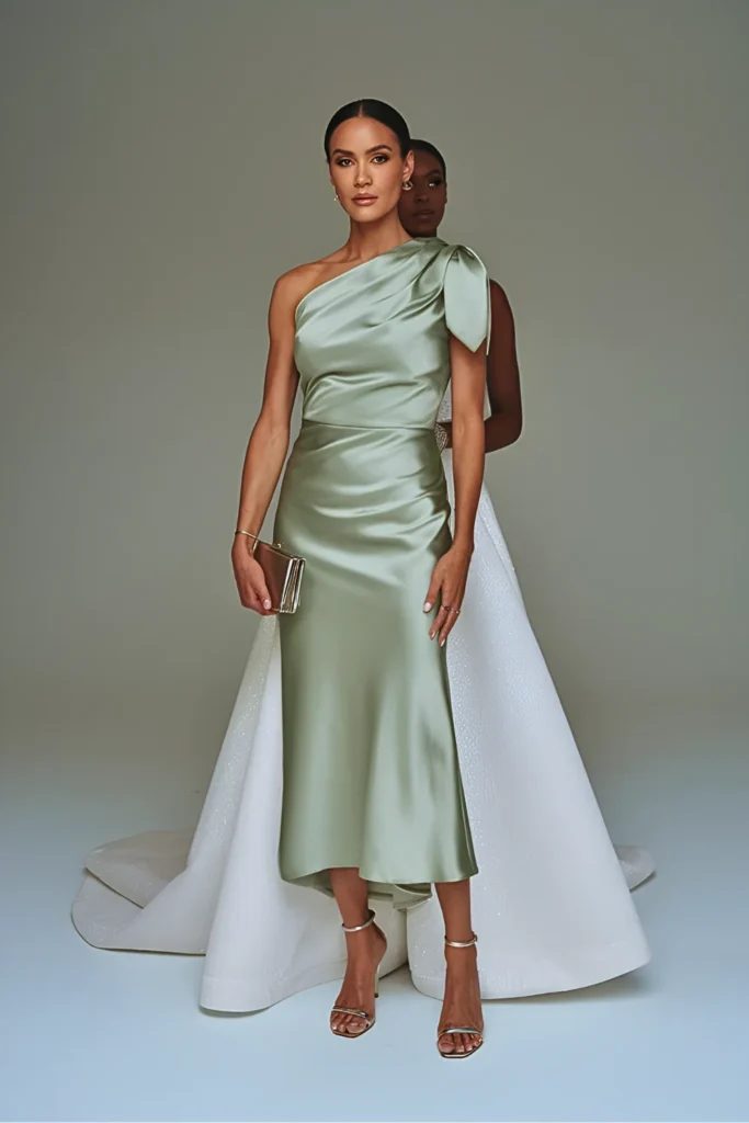 Trendy Sage Green Satin Midi Mother of the Bride Dress with One-Shoulder Neckline